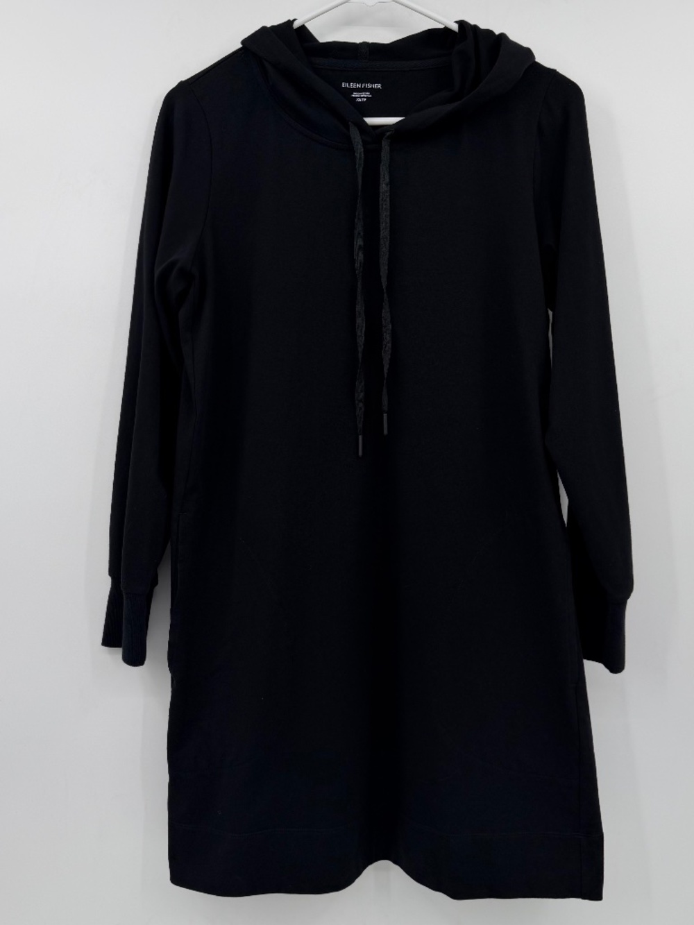 Eileen Fisher Dress Women XS Black Long Sleeve Hoodie Pockets Minimalist Organic